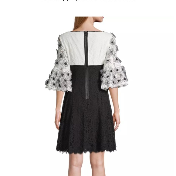 Shani size 14 cream and black lace dress fit flare with organza flowered sleeves - Picture 3 of 5